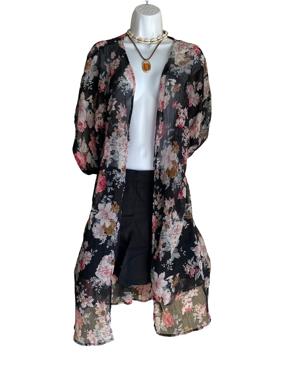 VTG Dizzy Gal Plus 1X Boho Floral Black Shawl Kimono Cardigan Cottagecore Whimsi